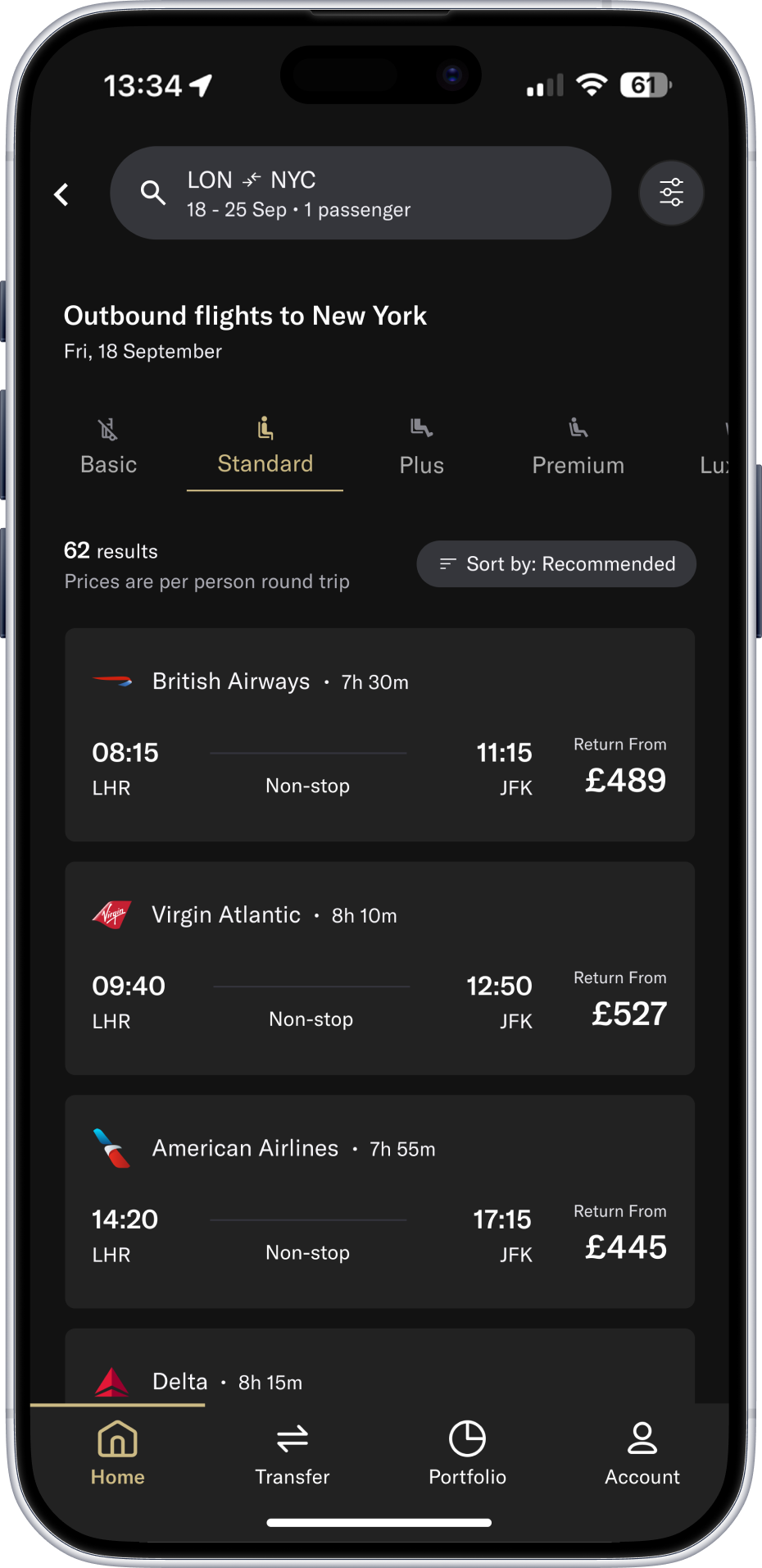 Duffel mobile — flight search results